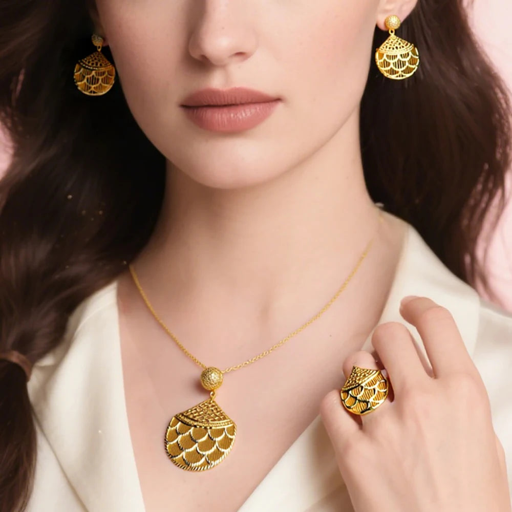 Dubai Gold-Tone Bridal Set: handcrafted earrings, necklace & ring, zircon sparkle, lightweight alloy, wedding gift, Indian Niger