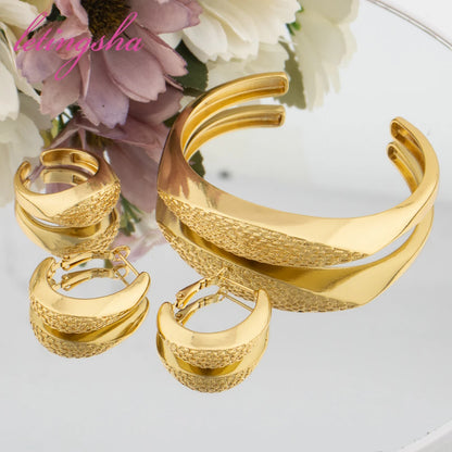 Fashion Cuff Bangle Newest Statement Hoop Earrings Luxury Ring Sets for Women Dubai Jewelry Set Trendy Gold Color Jewelry Gift