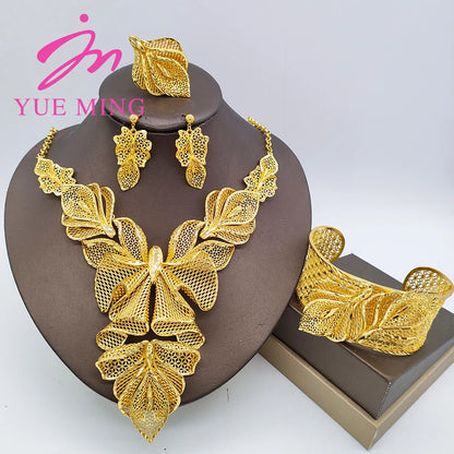 YM Gold Plated Jewelry Set for Women Copper Necklace Earrings Dubai African Party Bridal Wedding Gifts Arabic Cuff Bangles Rings