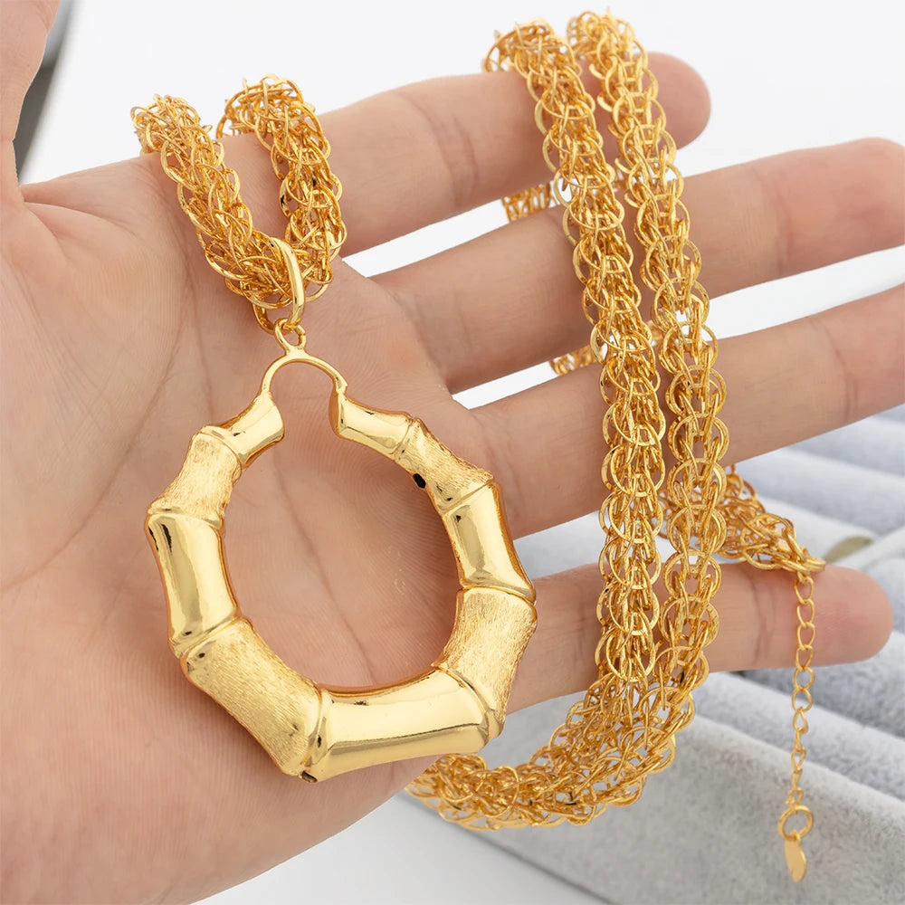 Fashion Gold Plated Jewelry Sets Bridal 80CM Necklace Bamboo Pendant Hoop Earrings for Women Weddings Gifts Jewellery Accessory - YUEMING JEWELRY