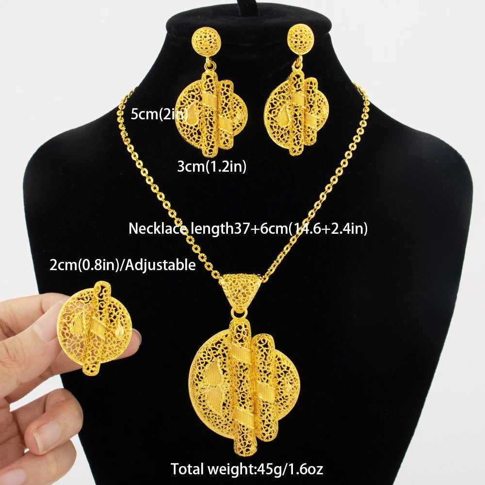 24k gold color party necklace earrings rings set luxury gold jewelry sets for woman wedding party Accessories