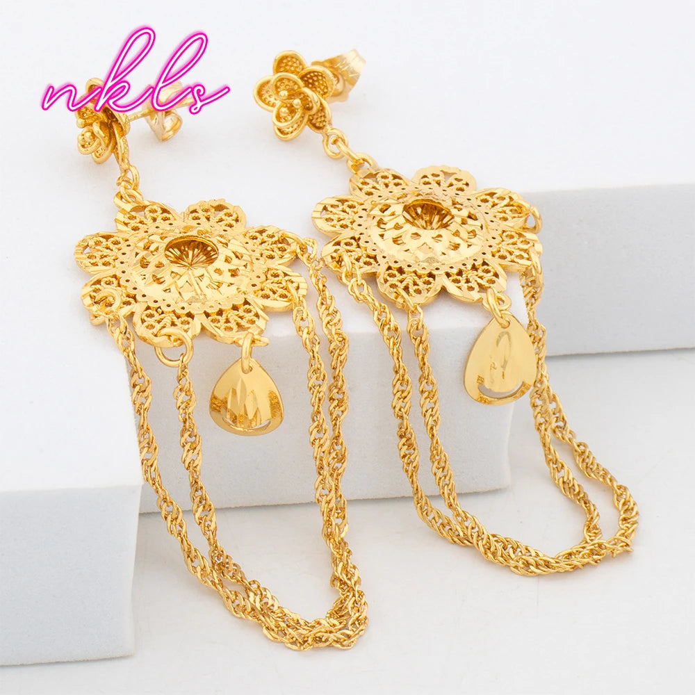 Dubai Fashion Women Jewelry Set Bohemian Luxury Gold Color Necklace Drop Earrings Set African Trend Jewelry Daily Wear Party