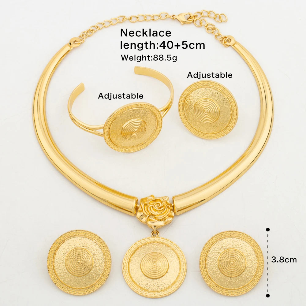 Luxury Gold Color Jewelry Set for Bridal African Women Pendant Necklace and Earrings Weddings Bridal Bangle Ring Set for Nigeria