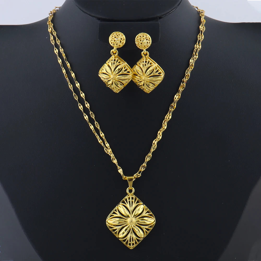 Italy French Gold Plated Rhombus Necklace Earrings Set for Women Bride Smooth Gold Color Charm Jewelry Gift for Party Wedding