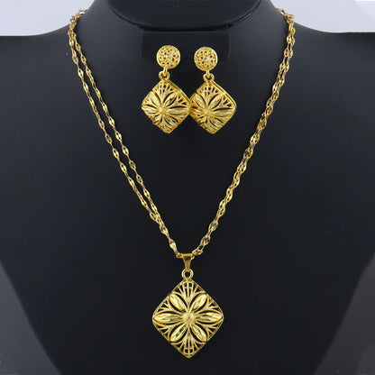 Italy French Gold Plated Rhombus Necklace Earrings Set for Women Bride Smooth Gold Color Charm Jewelry Gift for Party Wedding