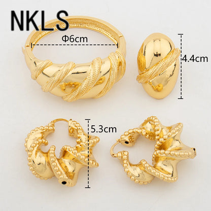 Luxury Hoop Earrings Cuff Bangle Fashion Ring Set African Gold Color Women's Jewelry Set Trendy Wedding Party Gift Jewellery Set