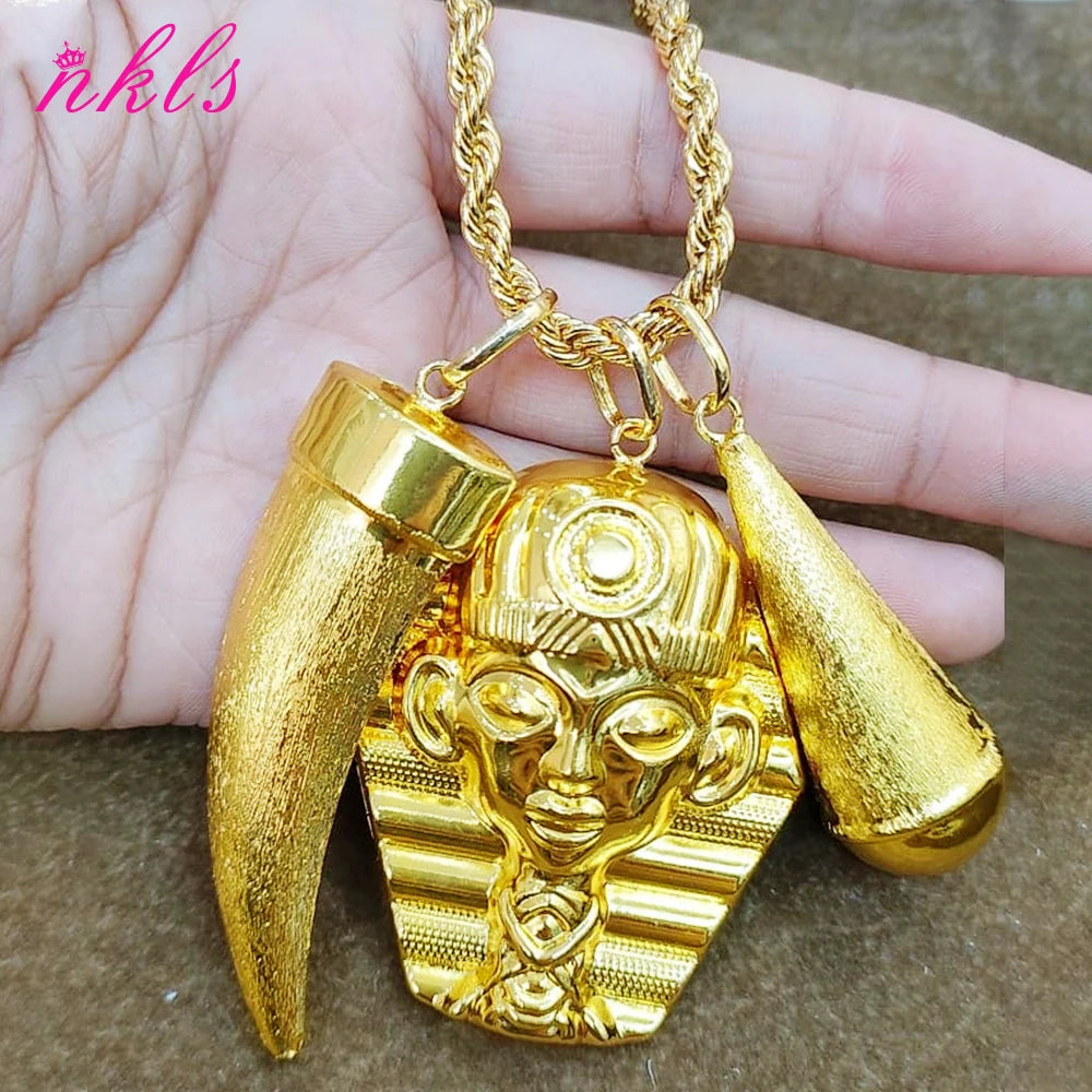 Plated African Dubai Men Head Pendant Necklace 60cm Chain Hip Hop Jewelry Gift