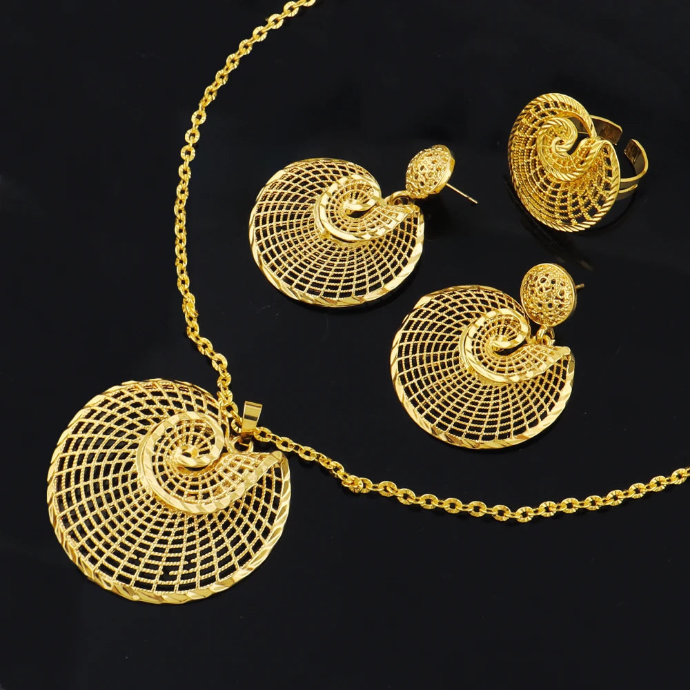Round Gold Color Big Jewelry Set Hollow Out Design Necklace Earring Ring For Women Bridal Wedding Party Jewellery Gift