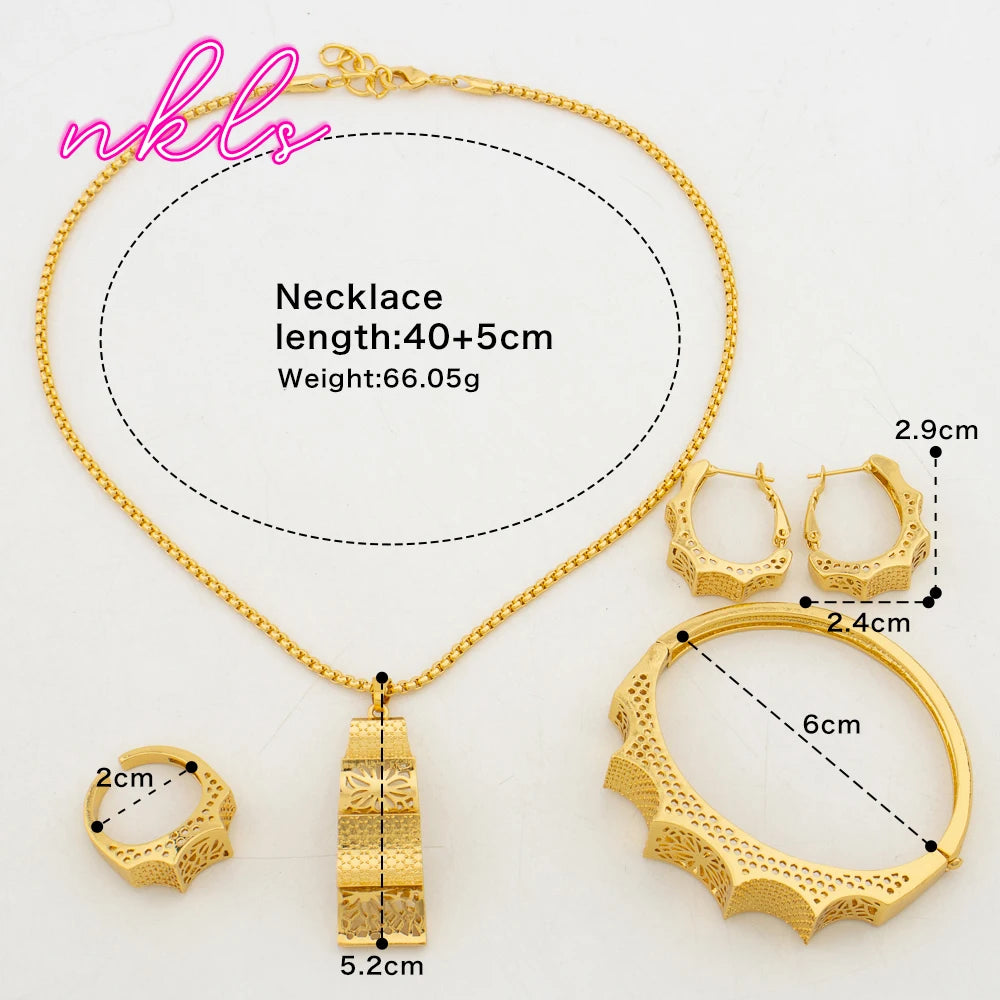 Italy  Plated Jewelry Sets For Women Fashion Jewelry Pendant Necklace Hoop Earrings Cuff Bracelet Ring Set Party Gift