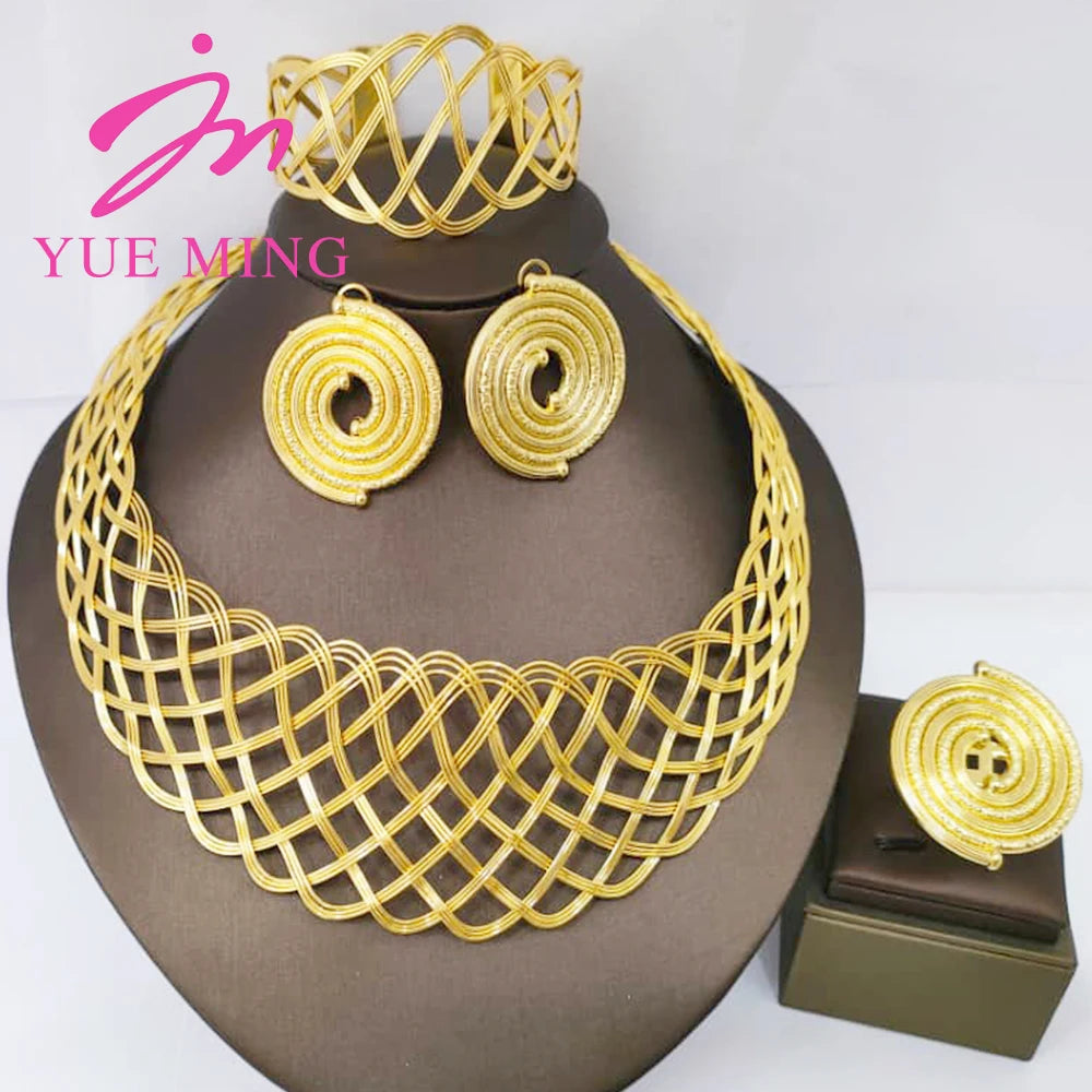 YM Gold Plated Jewelry Set for Women Copper Necklace Earrings Dubai African Party Bridal Wedding Gifts Arabic Cuff Bangles Rings - YUEMING JEWELRY