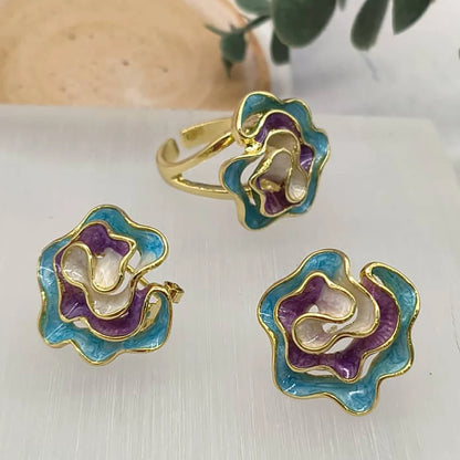 Vintage Enamel Flower oil painting Earrings and Ring Jewelry Set for Women New Design Fashion Jewellery Gift