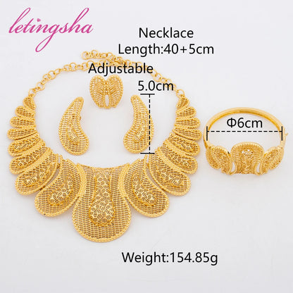 Fashion Dubai Gold Plated Jewelry Set for Women Nigerian African Luxury Necklace Earrings Bracelet Ring Set Trendy Accessories