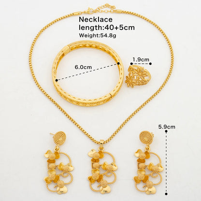 Brazilian Floral Design Jewelry Set for Women 18k Gold Color Clip Earrings and Pendant Necklace Exquisite Bangle Ring Set Party