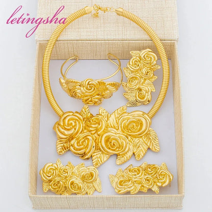 Luxury Noble Gold Plated Necklace Earring Ring Bracelet Set for Women Complex Design Jewelry Set Gift for Party Wedding
