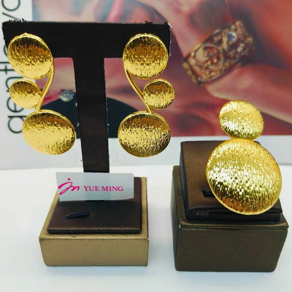 Luxury Earrings with Ring Set for Engagement 18k Gold Color Dangle Earrings Cocktail Ring Ethiopian Set for Nigerian Daily Wear