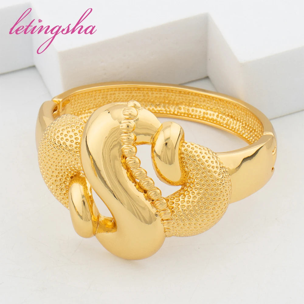 18k Gold Color Bangle with Ring Set for Women Dubai Bride Wedding Ethiopian Charm Bracelet African Bangle Jewelry Party Gifts