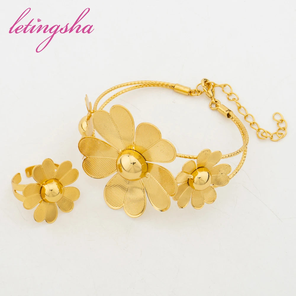 Luxury Gold Color Jewelry Set for Women African Classic Big Flower Necklace Earrings Bangle Ring Set Dubai Jewelry Daily Party