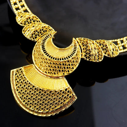Elegant Gold-Tone Necklace & Drop Earring Set for Women, Dubai Bridal Wedding Jewelry, African Luxury Party Gift Accessory