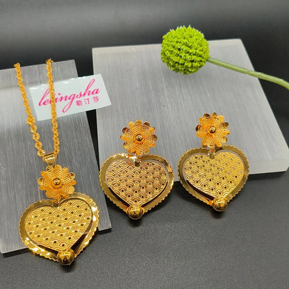Good Luck & fortune Round Gourd Pendant Set For Women Necklace Earring Nigerian Gold Plated Jewellery Dubai Wedding Bridal Gift