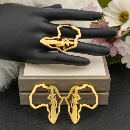 African Map Design Jewelry Set Ladies Luxury Gold Color Earrings and Finger Ring 2Pcs Set Jewellery Ear Rings Accessories Gifts