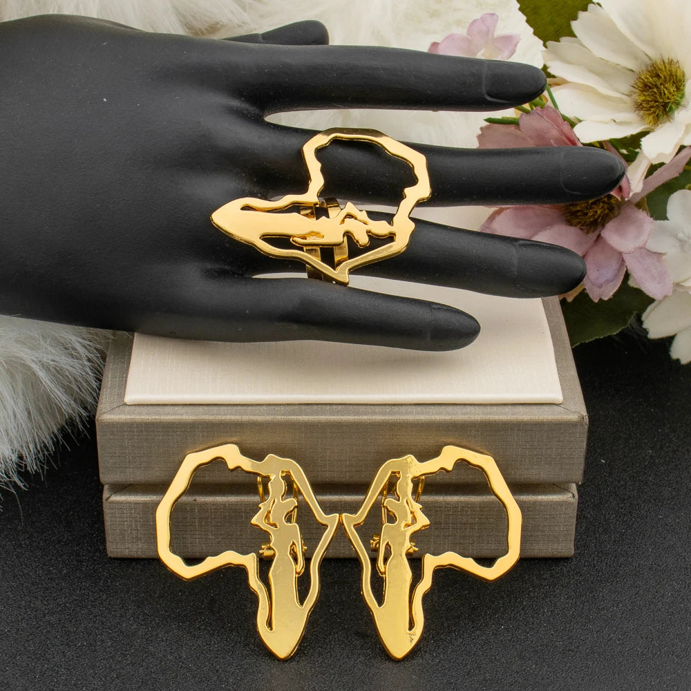 African Map Design Jewelry Set Ladies Luxury Gold Color Earrings and Finger Ring 2Pcs Set Jewellery Ear Rings Accessories Gifts
