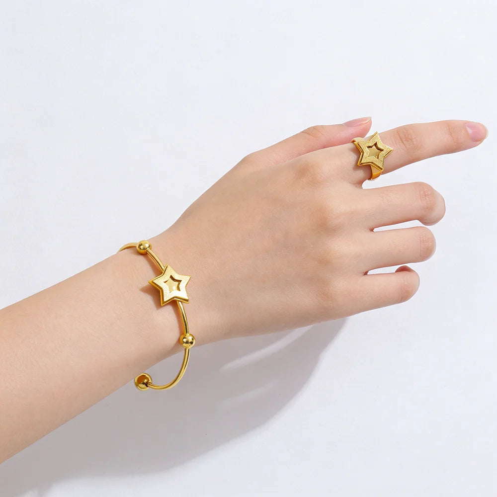 18k Gold Color Stainless Steel Bracelets Rings Adjustable Jewelry on Hand Couple Fashion Bangles Jewellery Accessories Gift