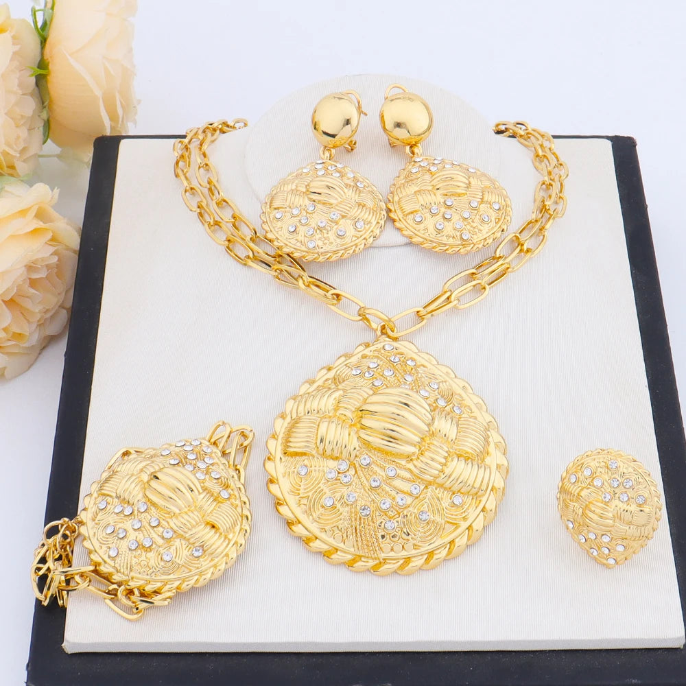 Luxury Shine Gold Plated Necklace Earrings Bracelet Ring Set for Women Dubai African Noble Desgin Jewelry Gift for Party Wedding
