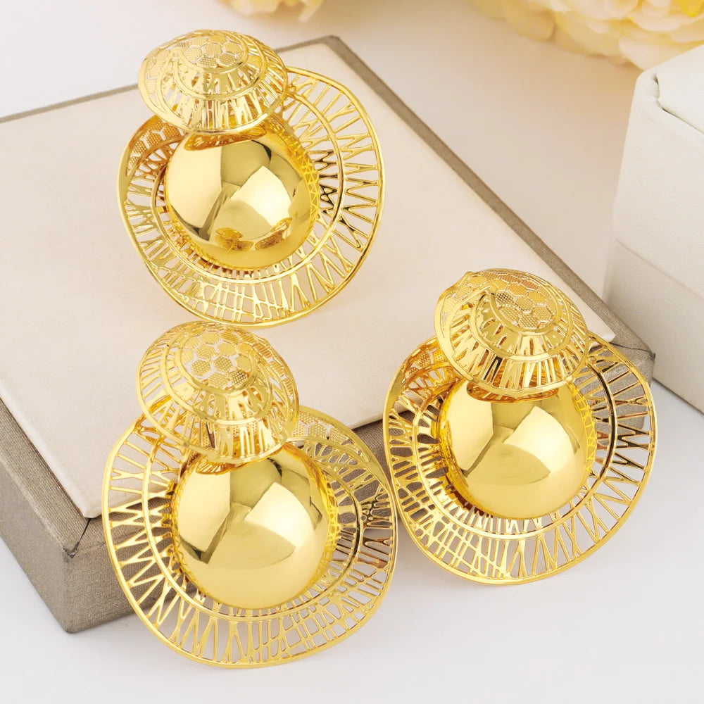 18K Gold Plated Nigeria Flower Open Ring & Earrings Set, Luxury Metal Jewelry for Women, Party Mother’s Day Gift, Fashion Jewel