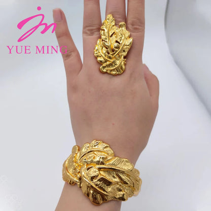 18K Gold Color Cuff Flower Bangle Ring For Women Moroccan France Dubai Luxury Copper Bracelet Jewelry Nigerian Party Wedding Gif