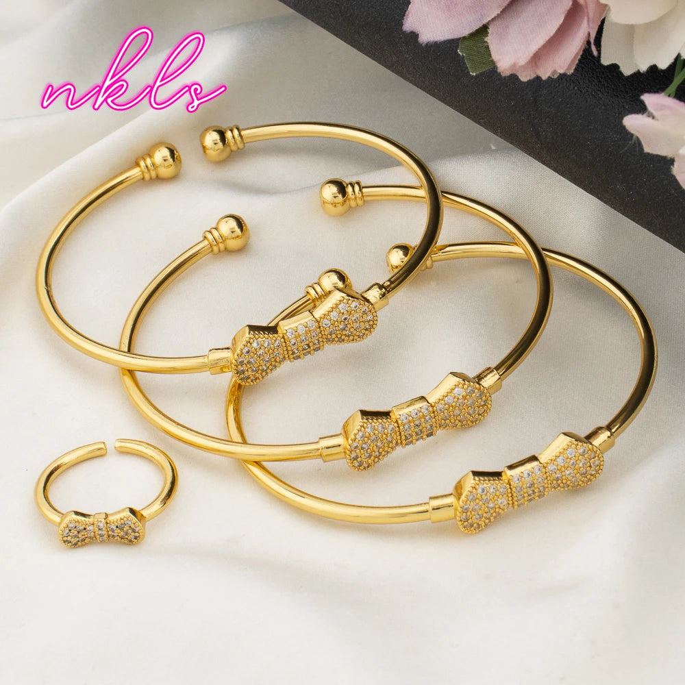 Trendy Stainless Steel Bangle with Ring Set for Ladies Women's Bracelet Pattern Design Light Luxury Gold Color Metal Bangle