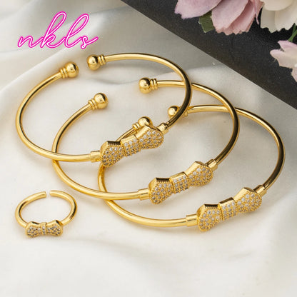 Trendy Stainless Steel Bangle with Ring Set for Ladies Women's Bracelet Pattern Design Light Luxury Gold Color Metal Bangle