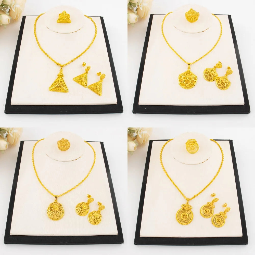 Luxury Arabic Gold Wedding Jewelry Set Gold Plated Dubai Bridal Necklace Earrings Ring Nigeria Women Vintage Jewelrys Gift