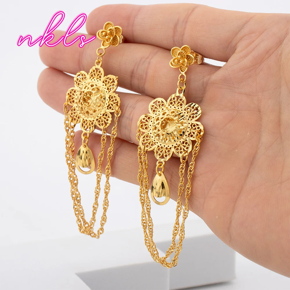 Dubai Fashion Women Jewelry Set Bohemian Luxury Gold Color Necklace Drop Earrings Set African Trend Jewelry Daily Wear Party