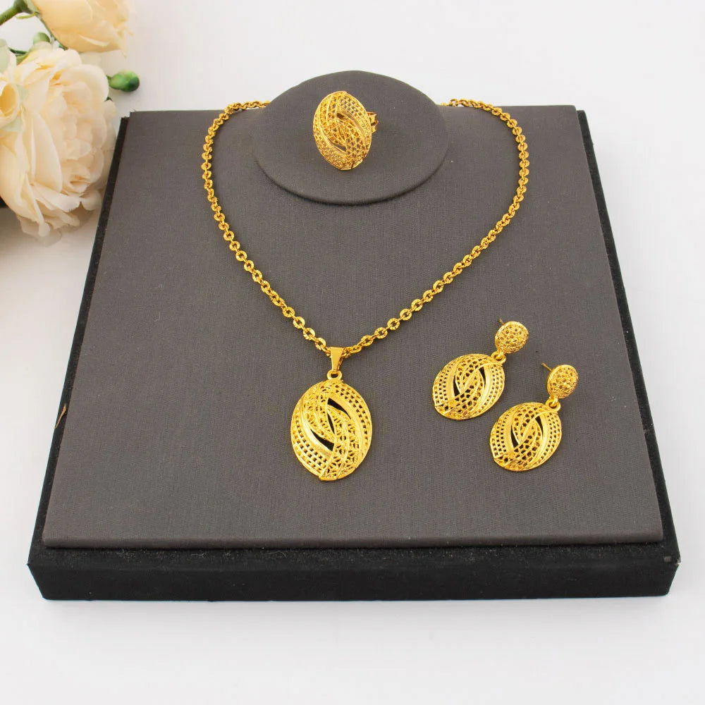 Round Water Drop Shape Jewelry Luxury Shining Gold Color Necklace Earrings Ring Set for Women Gift Apply to Party Wedding