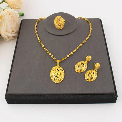 Round Water Drop Shape Jewelry Luxury Shining Gold Color Necklace Earrings Ring Set for Women Gift Apply to Party Wedding