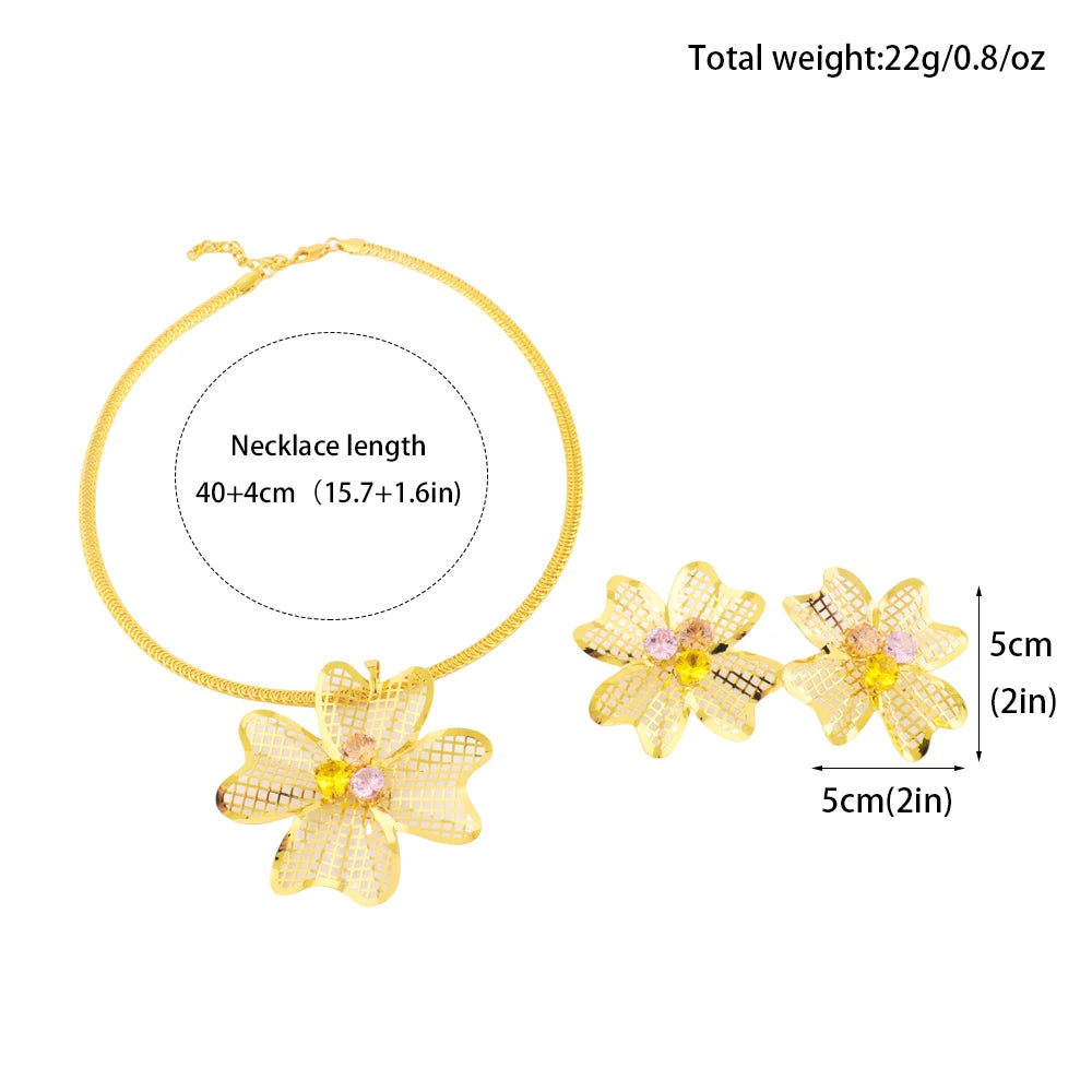 Nigerian  Color Jewelery Set Dubai Ethiopia New Trend Hollow Flower Inlaid With Zircon Earring Necklace For Graduation Gift