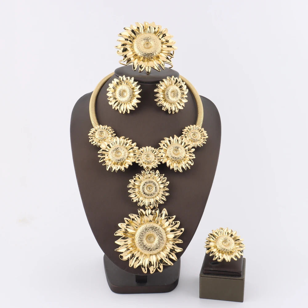 African Sunflower 4Pcs Jewelry Set: Vintage Necklace, Earrings, Bangle & Ring Gift for Women, Party Fashion Jewelry Set