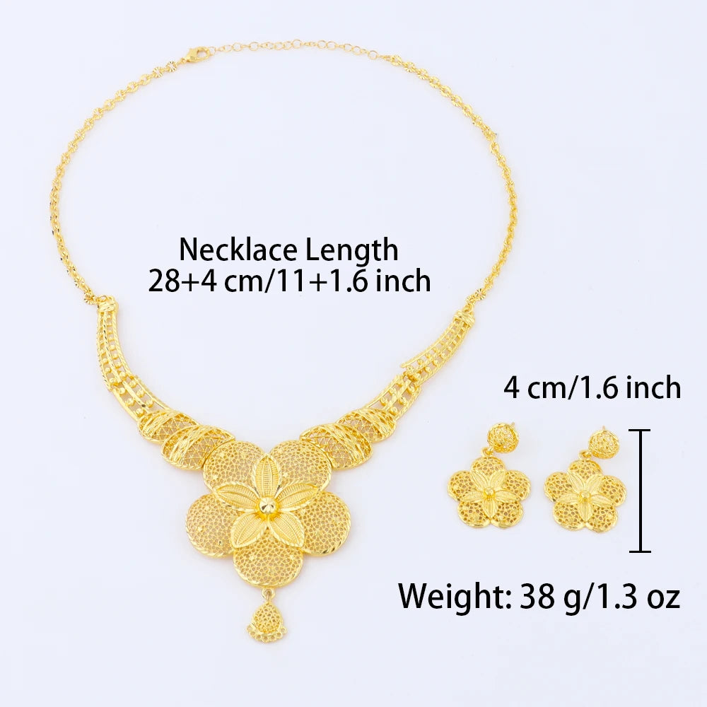 Dubai African 24K Gold Plated Flower Necklace Earrings Set for Women Gold Color Party Wedding Banquet Jewelry Jeweler Gift