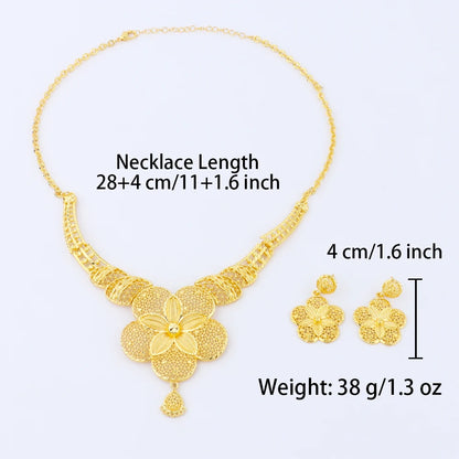 Dubai African 24K Gold Plated Flower Necklace Earrings Set for Women Gold Color Party Wedding Banquet Jewelry Jeweler Gift