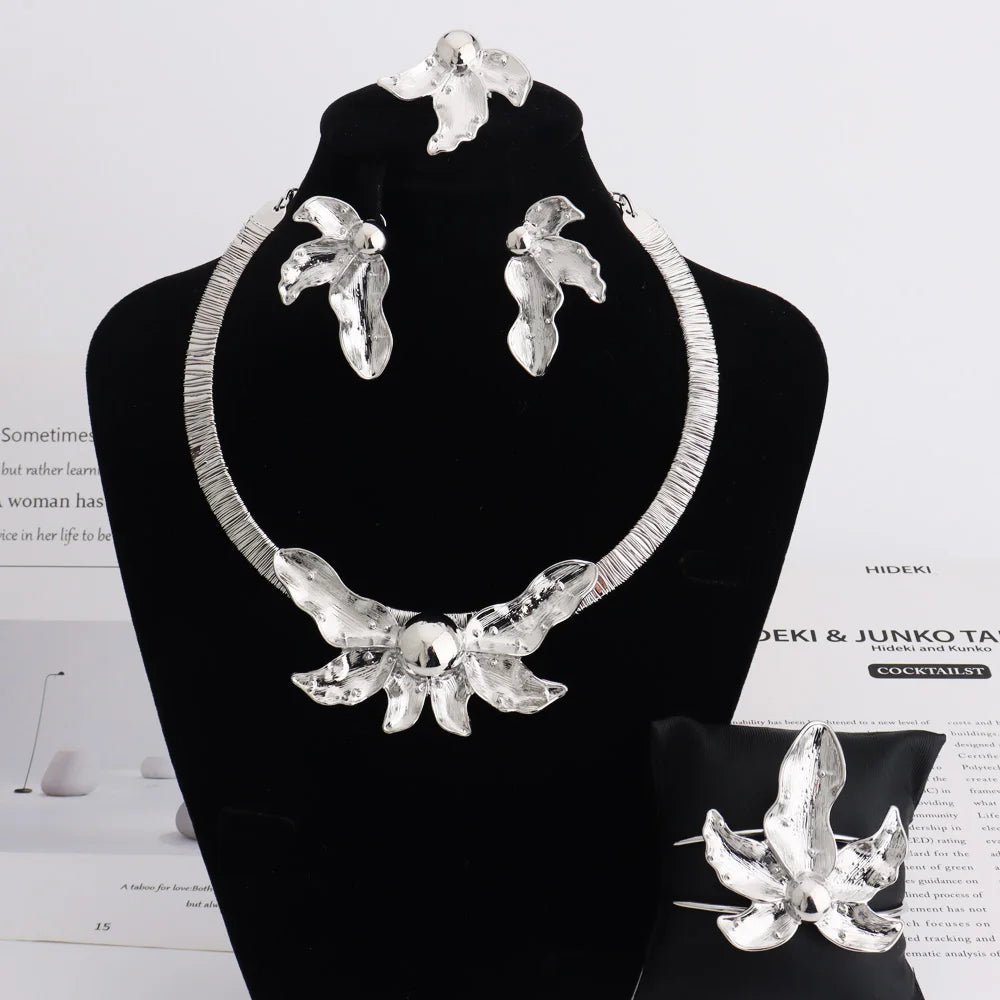 Luxury Bud Necklace Earrings Ring Bracelet Bridal Jewelry Set Women Wedding Party Favors Nigeria Dubai Style