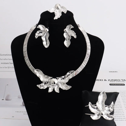 Luxury Bud Necklace Earrings Ring Bracelet Bridal Jewelry Set Women Wedding Party Favors Nigeria Dubai Style