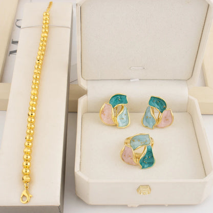 Dopamine Color Jewelry Set For WomenTrendy Earrings Ring Gold Color Bangle Set Advanced Jewelry For Party Wedding Anniversary