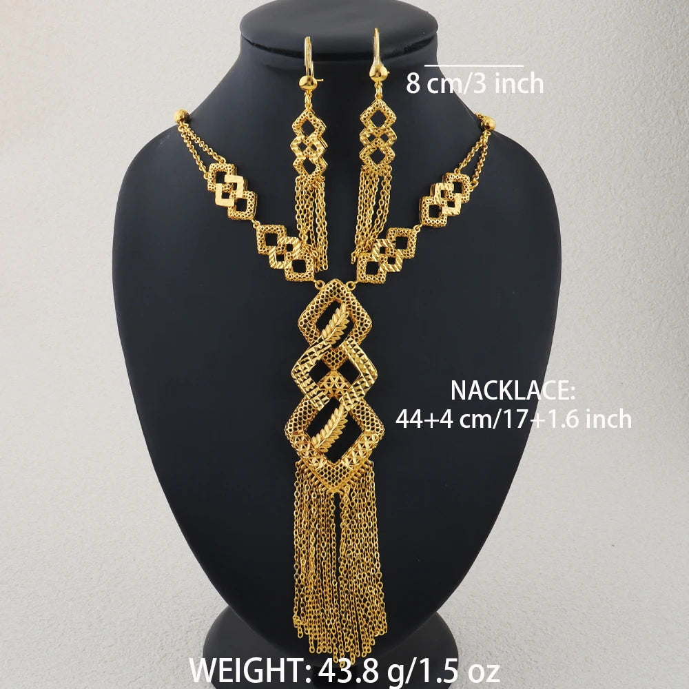 dubai style womens jewelry set 24K luxury Gold Color Long Necklace Set  Nigerian Party Bridal Wedding Necklace Earrings Set
