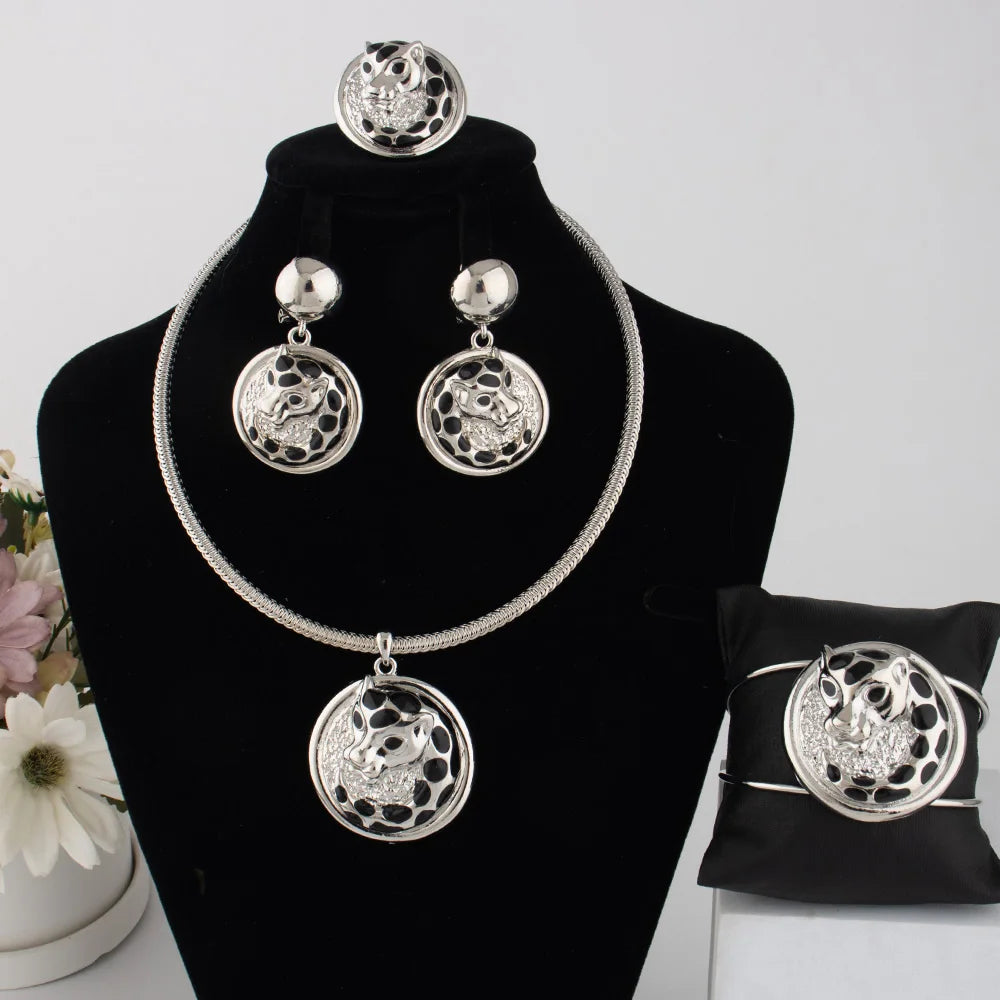 Dubai Luxury Gold Plated Leopard Shape Necklace Earrings Bracelet Ring Set for Women Men Gold Color Mighty Design Jewelry Gift