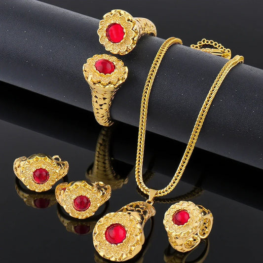 Luxury Quality Gold Plated Multicolored Stones Earrings Ring Necklace Bangle For Women Indian Dubai Wedding Party Jewelry Sets