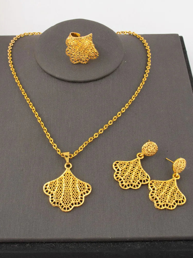 Luxury Women's Hollow Jewelry Set Dubai Middle Eastern Earrings Ring Nigerian Necklace Wedding Party Favors
