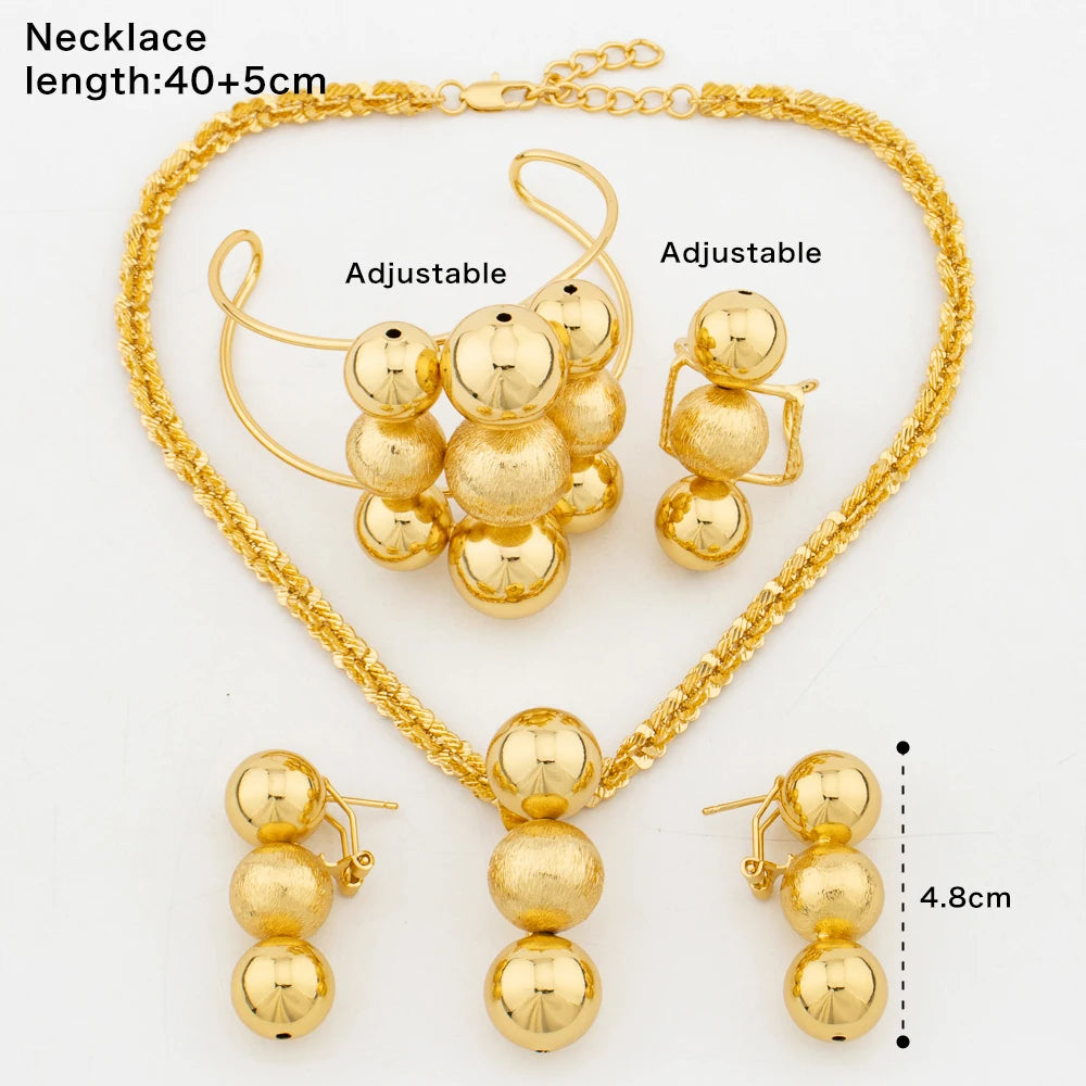 Luxury Gold Color Jewelry Set Nine Beads Cuff Bracelet Earrings Necklace African Dubai Drop Earrings Ring Fashion Italy Jewelry