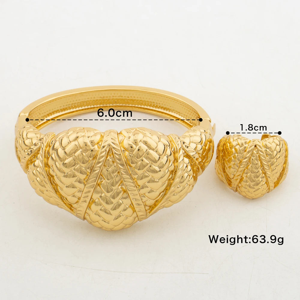 Dubai Bangle Ring Set for Women 18k Gold Color Large Bangle and Ring Bridal Weddings Set Nigerian Classic Design Bangle Ring Set