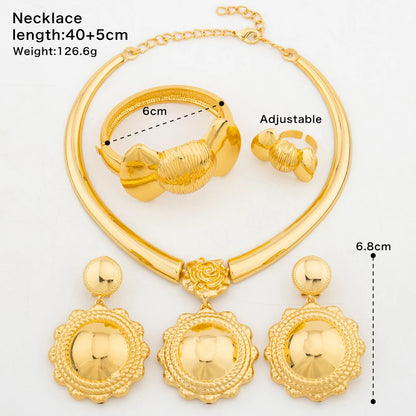 Romantic Gold Color Jewelry Set for Dubai Women Big Earrings and Necklace with Bangle Ring African Copper Gold Plated Jewelry