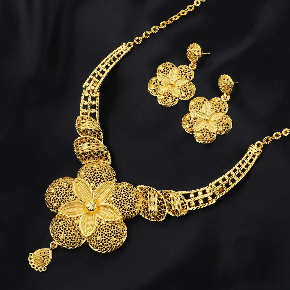 Dubai African 24K Gold Plated Flower Necklace Earrings Set for Women Gold Color Party Wedding Banquet Jewelry Jeweler Gift